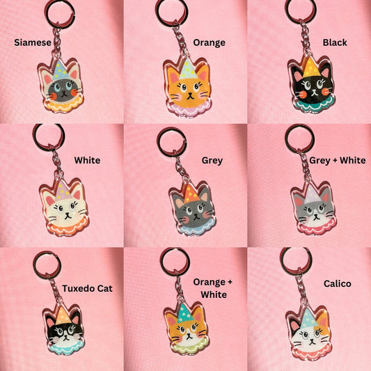 Clown Cat Acrylic Keychain//Cartoon Art Style Double-Sided Epoxy Glitter Charm//Cute Kitten Lover Gift//Cat Keychain