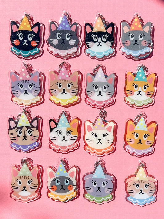 Clown Cat Acrylic Keychain//Cartoon Art Style Double-Sided Epoxy Glitter Charm//Cute Kitten Lover Gift//Cat Keychain