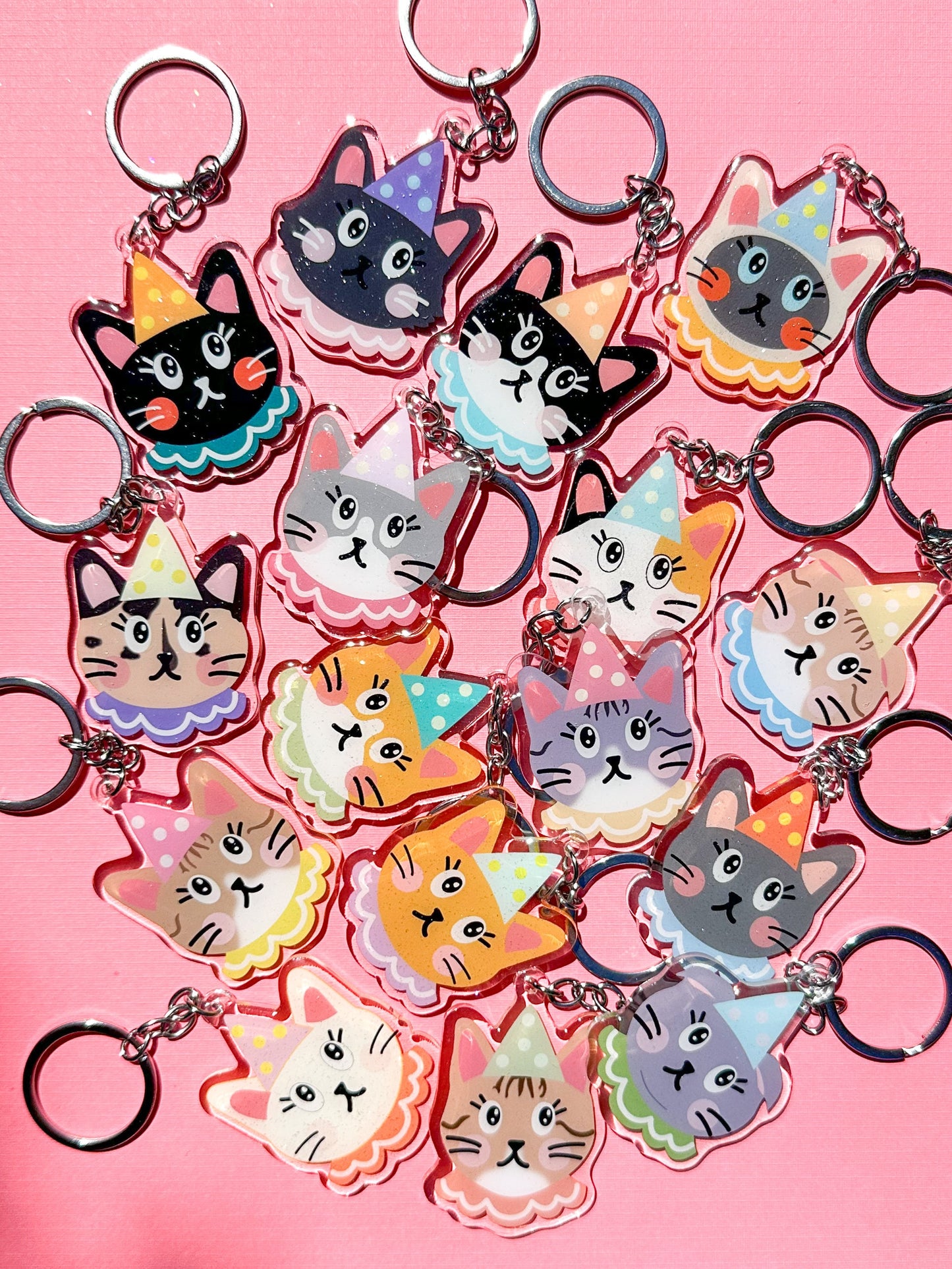 Clown Cat Acrylic Keychain//Cartoon Art Style Double-Sided Epoxy Glitter Charm//Cute Kitten Lover Gift//Cat Keychain