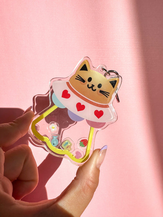 Cat UFO Shaker Acrylic Keychain//Cartoon Art Style Double-Sided Epoxy Glitter Charm//Cute Cat Lover Gift//Animal Keychain