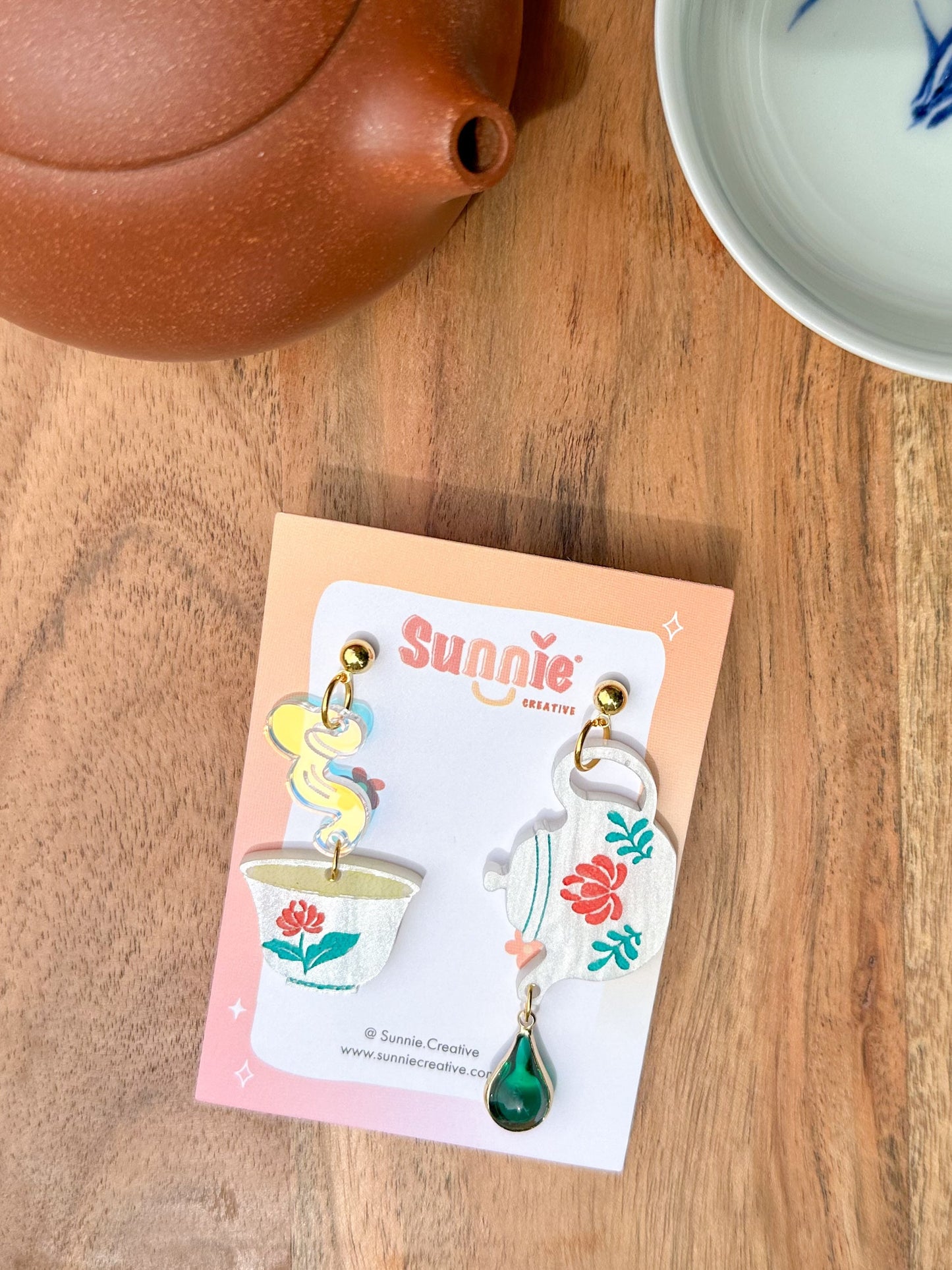 Morning Tea Mismatch Earrings//Statement Earring//Acrylic Earrings //Asian Food Earrings//Tea Pot Earrings//Gift for Foodie