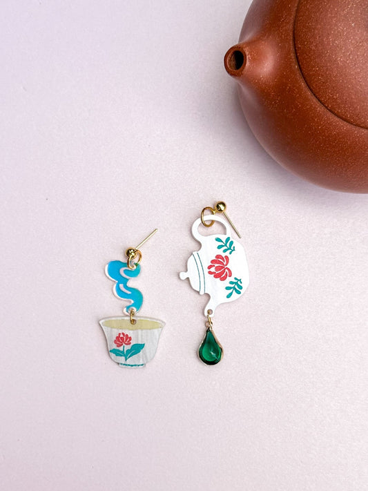Morning Tea Mismatch Earrings//Statement Earring//Acrylic Earrings //Asian Food Earrings//Tea Pot Earrings//Gift for Foodie