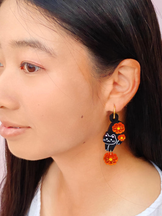 Black Cat with Cosmos Earrings//Birth Month Flower//Lightweight Jewelry Gift for Cat Lovers//Unique Handmade Accessories//Cat Art