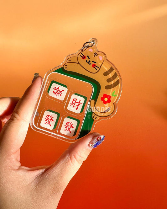 Mahjong "Get Rich" Cat Shaker Acrylic Keychain//Cartoon Art Style Double-Sided Epoxy Glitter Charm//Cute Cat Lover Gift//Mahjong Keychain