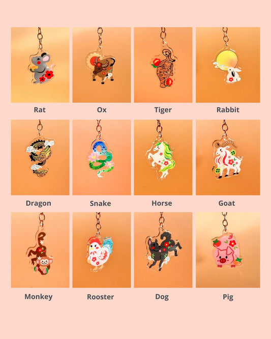 Chinese Zodiac Acrylic Keychain//Cartoon Art Style Double-Sided Epoxy Glitter Charm//Chinese Zodiac Design//Lunar New Year/Chinese New Year