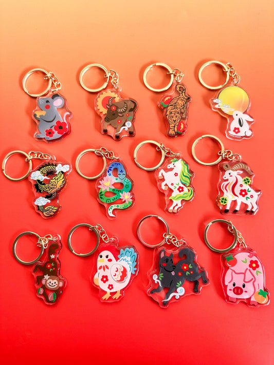 Chinese Zodiac Acrylic Keychain//Cartoon Art Style Double-Sided Epoxy Glitter Charm//Chinese Zodiac Design//Lunar New Year/Chinese New Year
