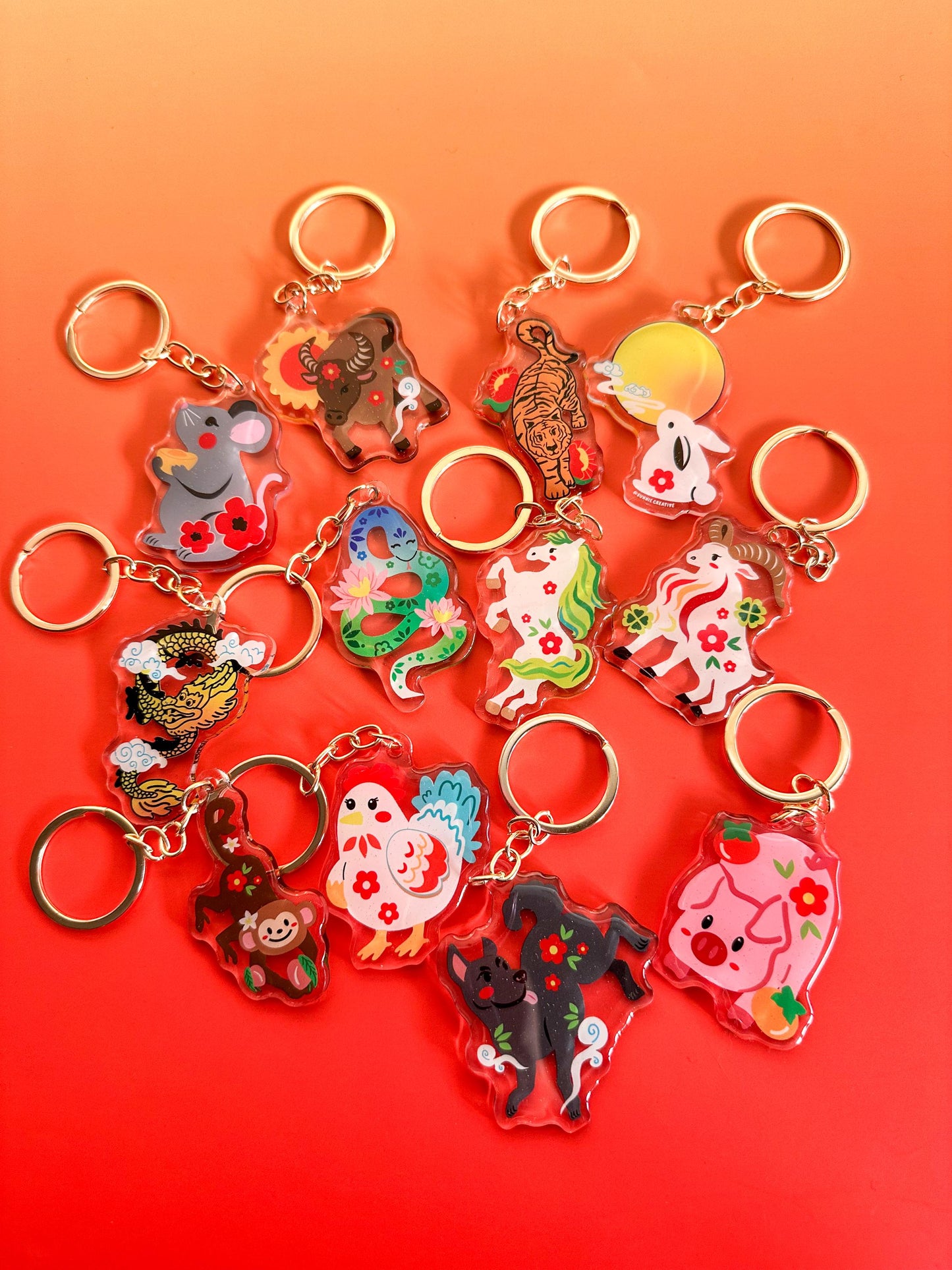 Chinese Zodiac Acrylic Keychain//Cartoon Art Style Double-Sided Epoxy Glitter Charm//Chinese Zodiac Design//Lunar New Year/Chinese New Year