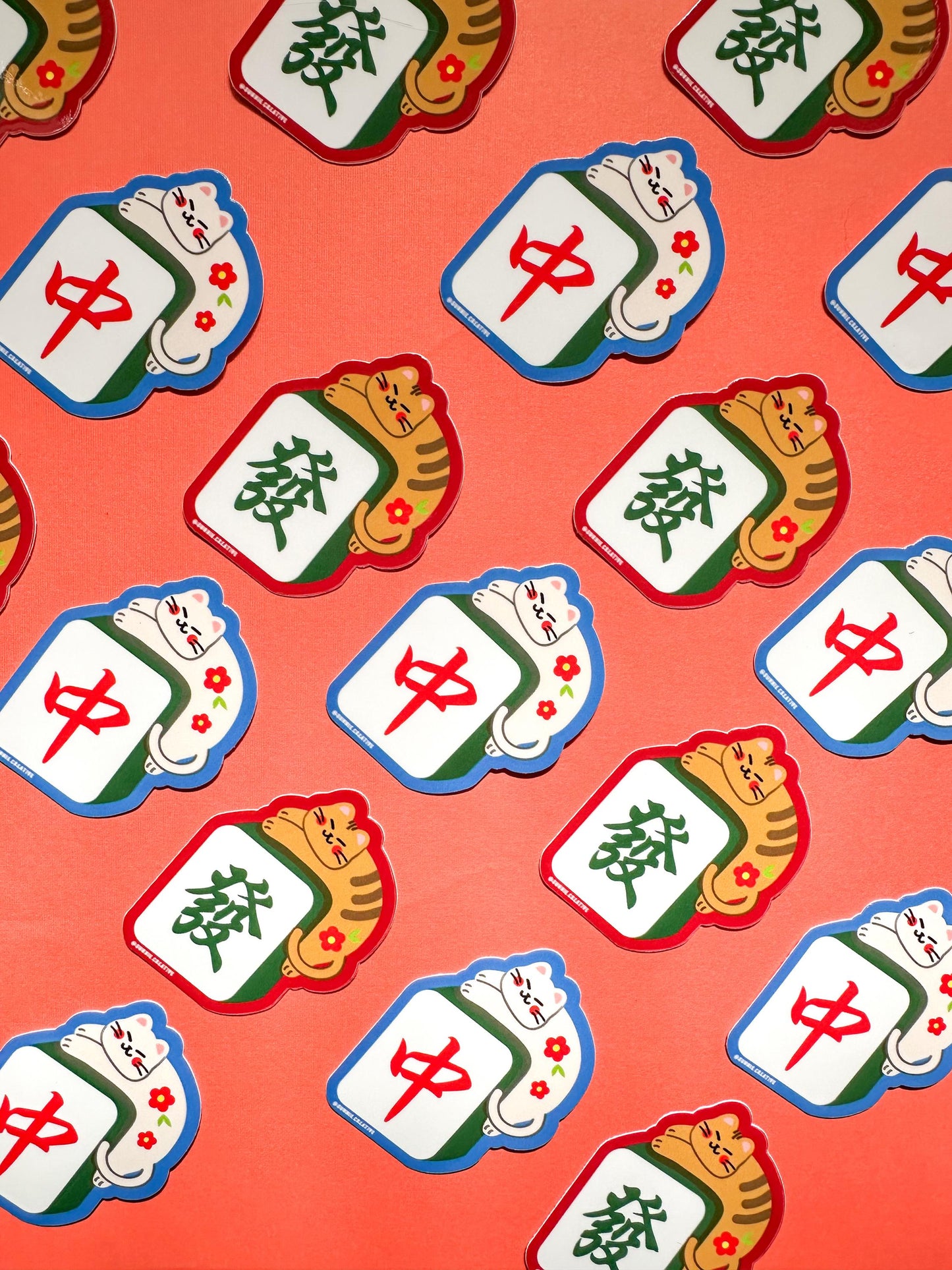 Mahjong Cat Vinyl Stickers//Digital Art//Mahjong Inspired Stickers//Cat Art//Green Dragon Tile//Lunar New Year//Waterproof Sticker