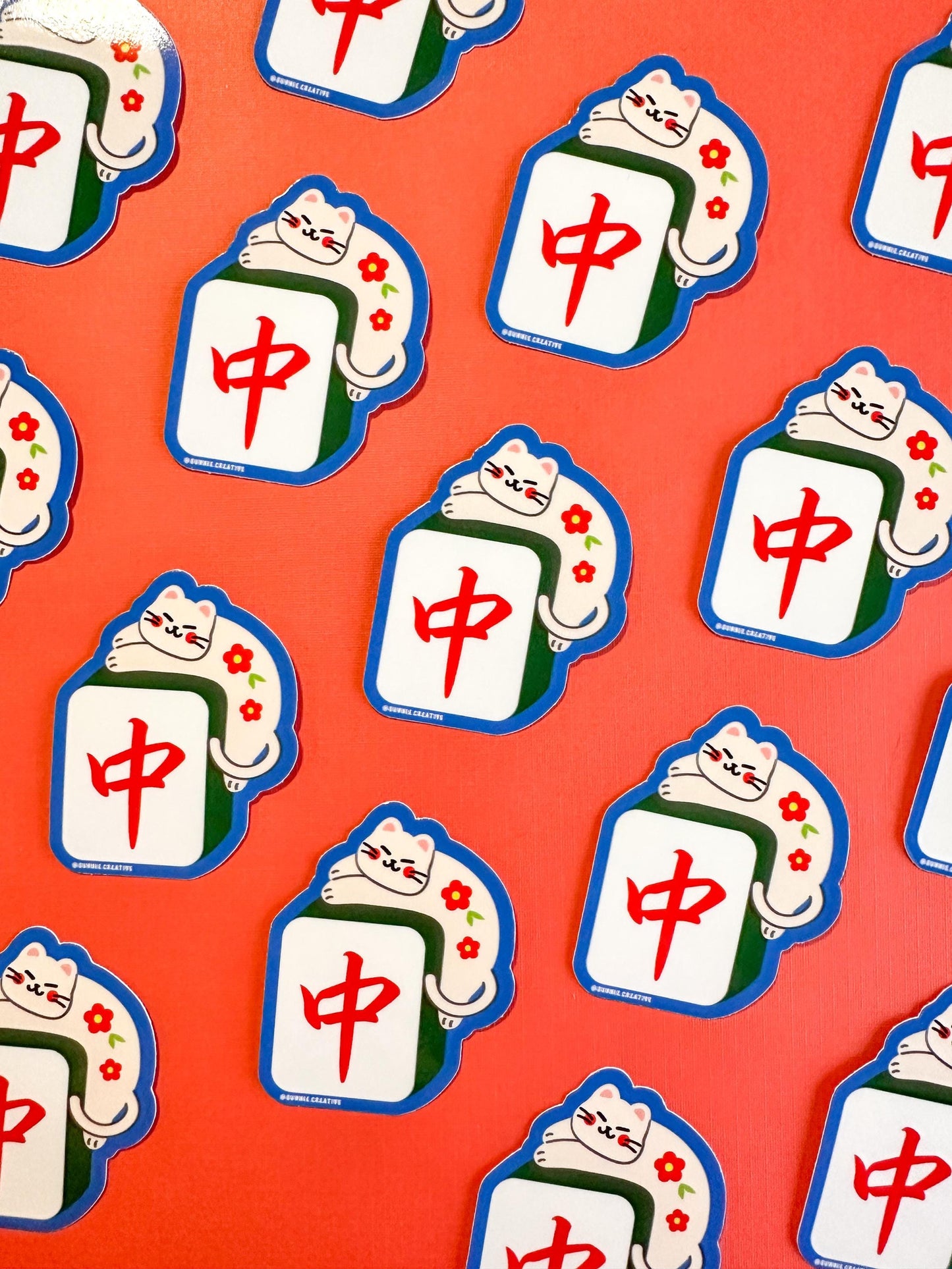 Mahjong Cat Vinyl Stickers//Digital Art//Mahjong Inspired Stickers//Cat Art//Green Dragon Tile//Lunar New Year//Waterproof Sticker
