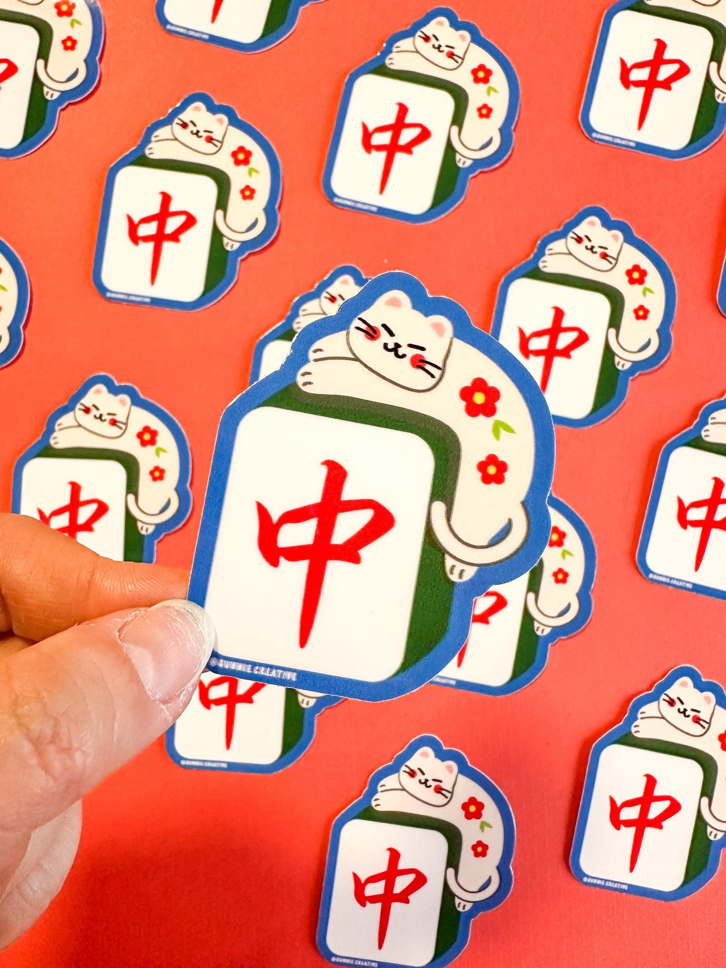 Mahjong Cat Vinyl Stickers//Digital Art//Mahjong Inspired Stickers//Cat Art//Green Dragon Tile//Lunar New Year//Waterproof Sticker