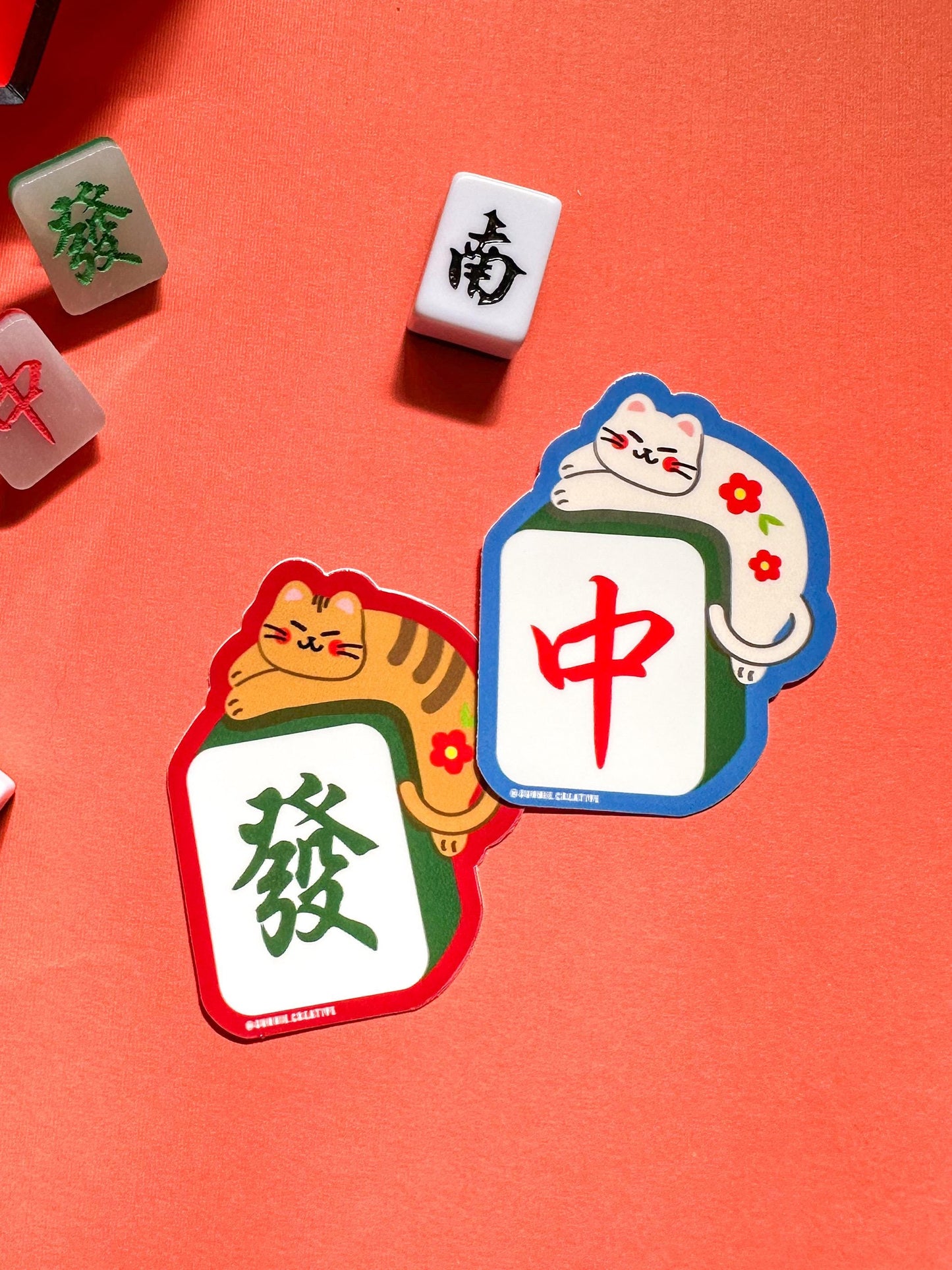 Mahjong Cat Vinyl Stickers//Digital Art//Mahjong Inspired Stickers//Cat Art//Green Dragon Tile//Lunar New Year//Waterproof Sticker