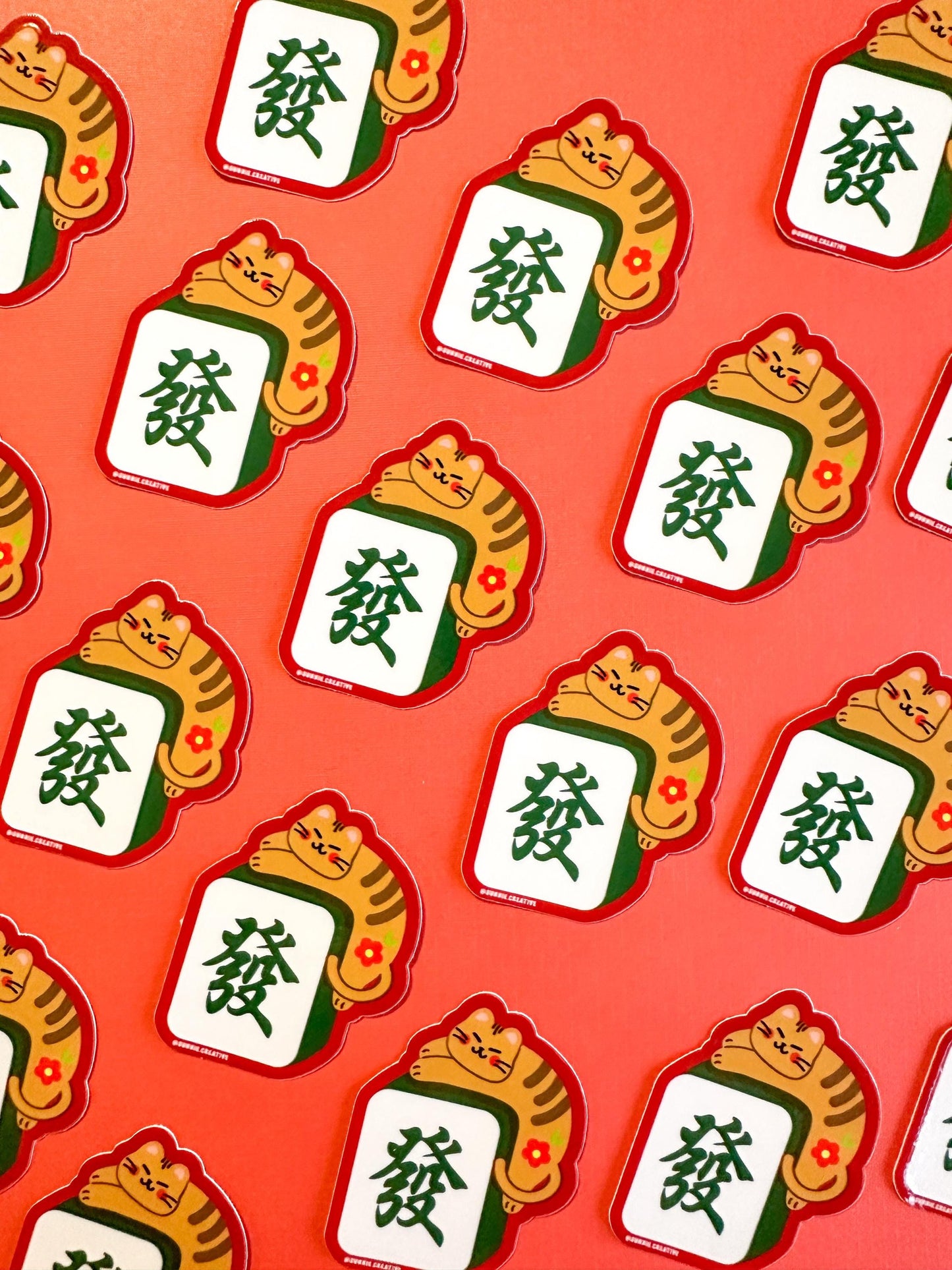 Mahjong Cat Vinyl Stickers//Digital Art//Mahjong Inspired Stickers//Cat Art//Green Dragon Tile//Lunar New Year//Waterproof Sticker