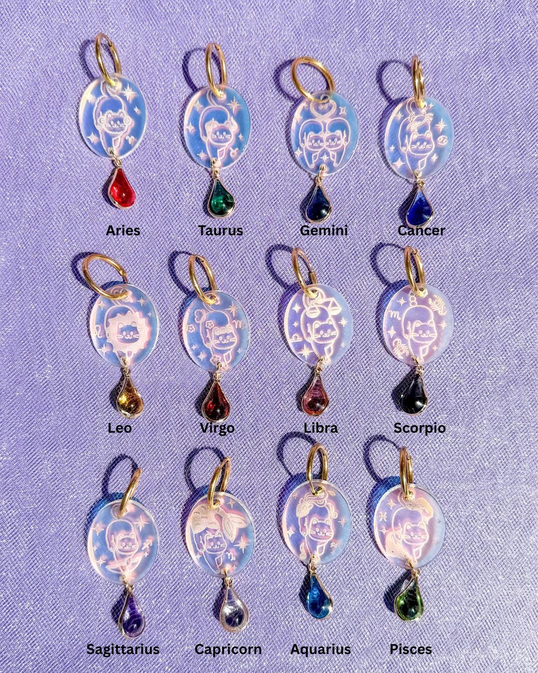 Zodiac Cat Earrings//Zodiac Sign//Lightweight Jewelry Gift for Cat Lovers//Unique Handmade Accessories//Cat Art