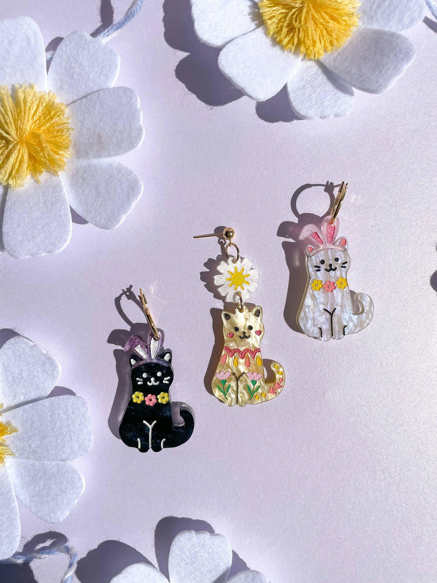 Bunny Cat Friends Earrings//Spring Earring//Statement Earring//Acrylic Earring//Cat Earrings//Spring Easter Cats