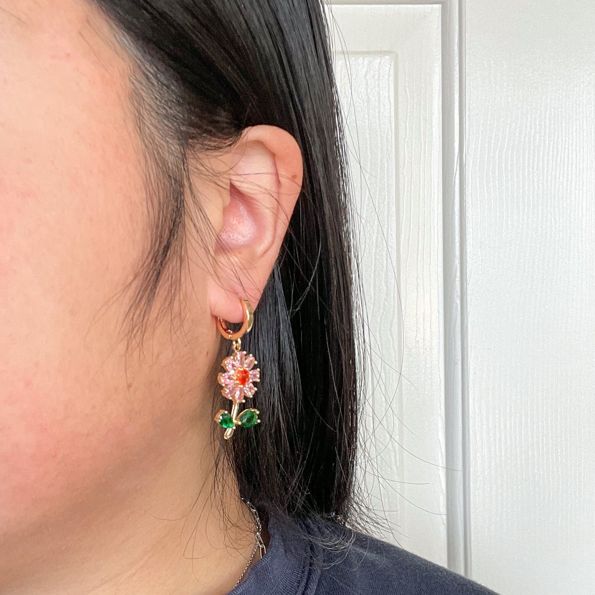 Pink Flower Charm Hoops//Flower Earring//Statement Earring//Gold Hoop Earring//Cute Spring Design//
