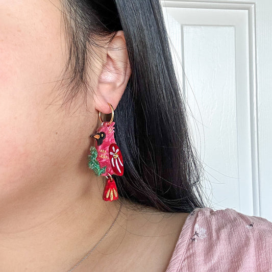 Cardinal Earrings //Christmas Earring//Statement Bird Earring//Acrylic Earring//Folk Art//Holiday Gift//Bird Earrings//Holiday Bird