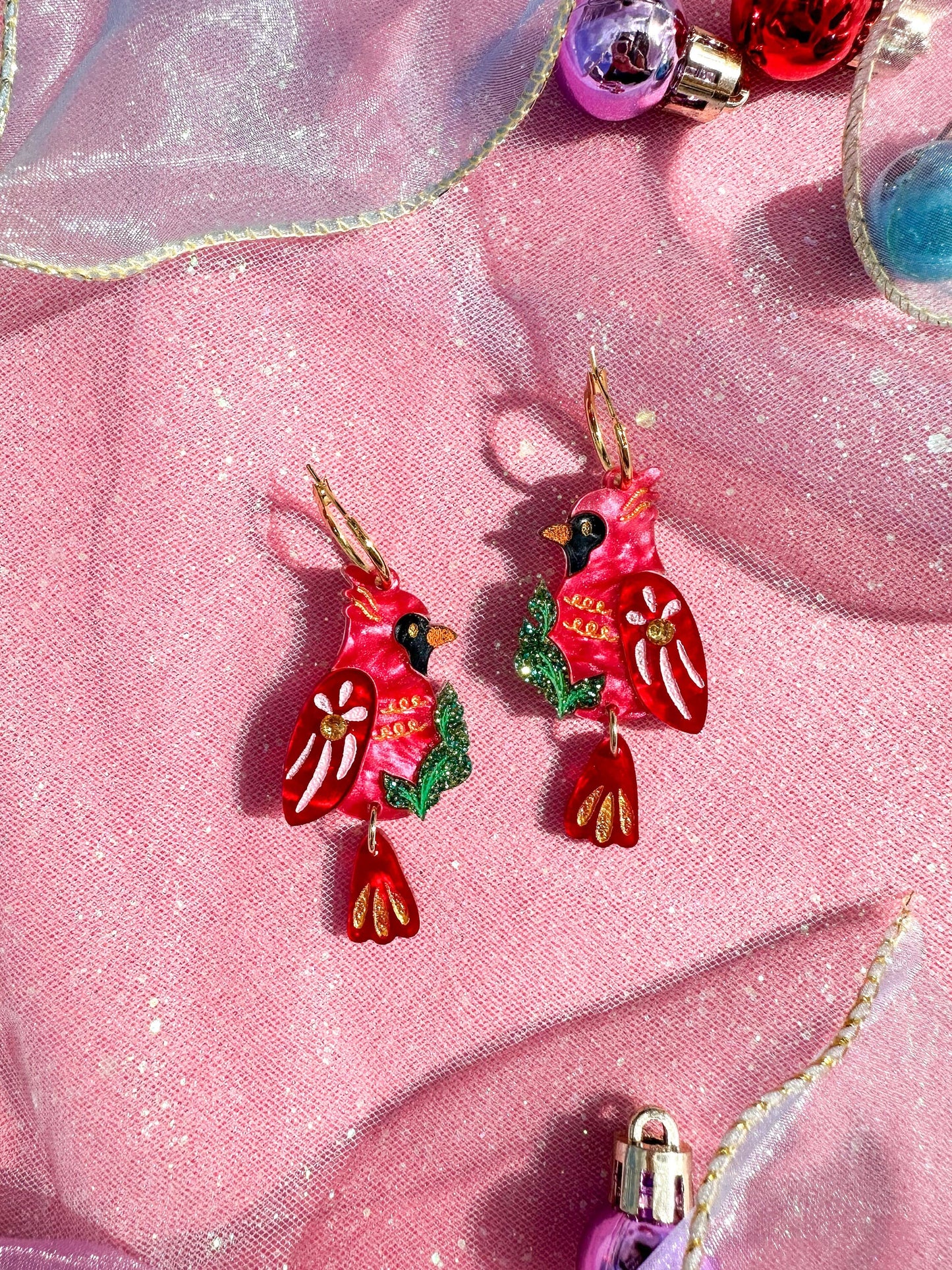 Cardinal Earrings //Christmas Earring//Statement Bird Earring//Acrylic Earring//Folk Art//Holiday Gift//Bird Earrings//Holiday Bird