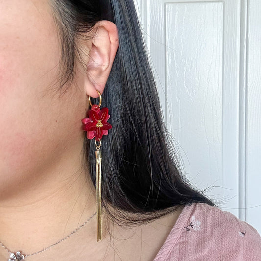 Poinsettia Earrings //Christmas Earring//Statement Earring//Acrylic Earring//Folk Art//Holiday Gift//Gold Tassel Earrings