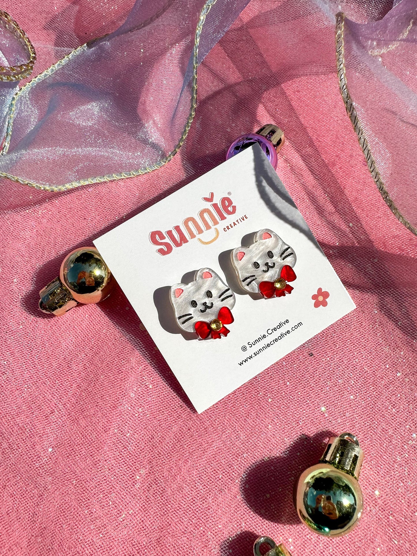 Cat in Bow Tie Studs Earrings //Christmas Earring//Statement Bow Earring//Acrylic Earring//Holiday Cat//Holiday Gift//Cat Earrings