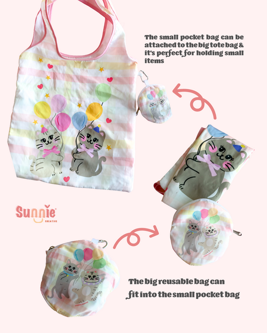 Balloon Cat Friends Reusable Tote Bag