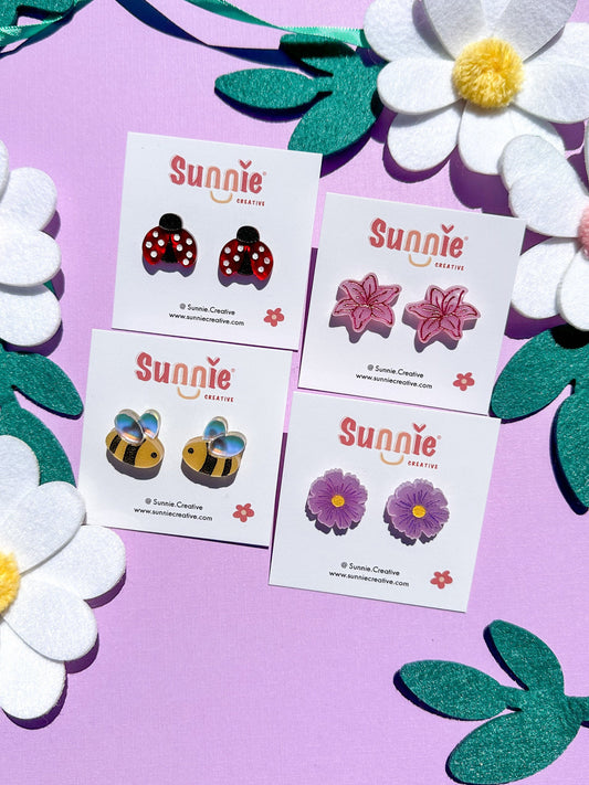 Spring Garden Studs//Small Statement Earring//Acrylic Earring//Spring Flower Earrings//Bee Earrings//Ladybug Earrings//Gift for Her