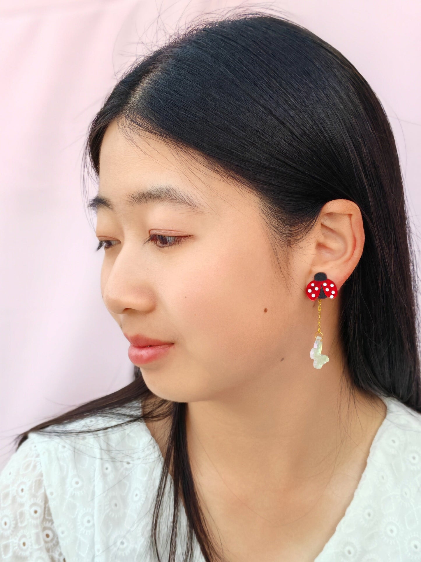 Spring Garden Studs & Drop Chain Set//Small Statement Earring//Spring Flower Earrings//Bee Earrings//Ladybug Earrings//Gift for Her