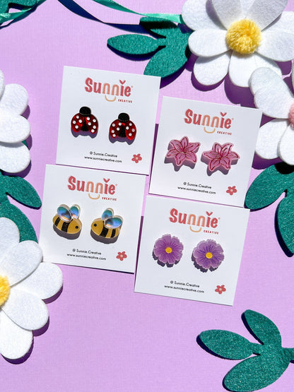 Spring Garden Studs & Drop Chain Set//Small Statement Earring//Spring Flower Earrings//Bee Earrings//Ladybug Earrings//Gift for Her