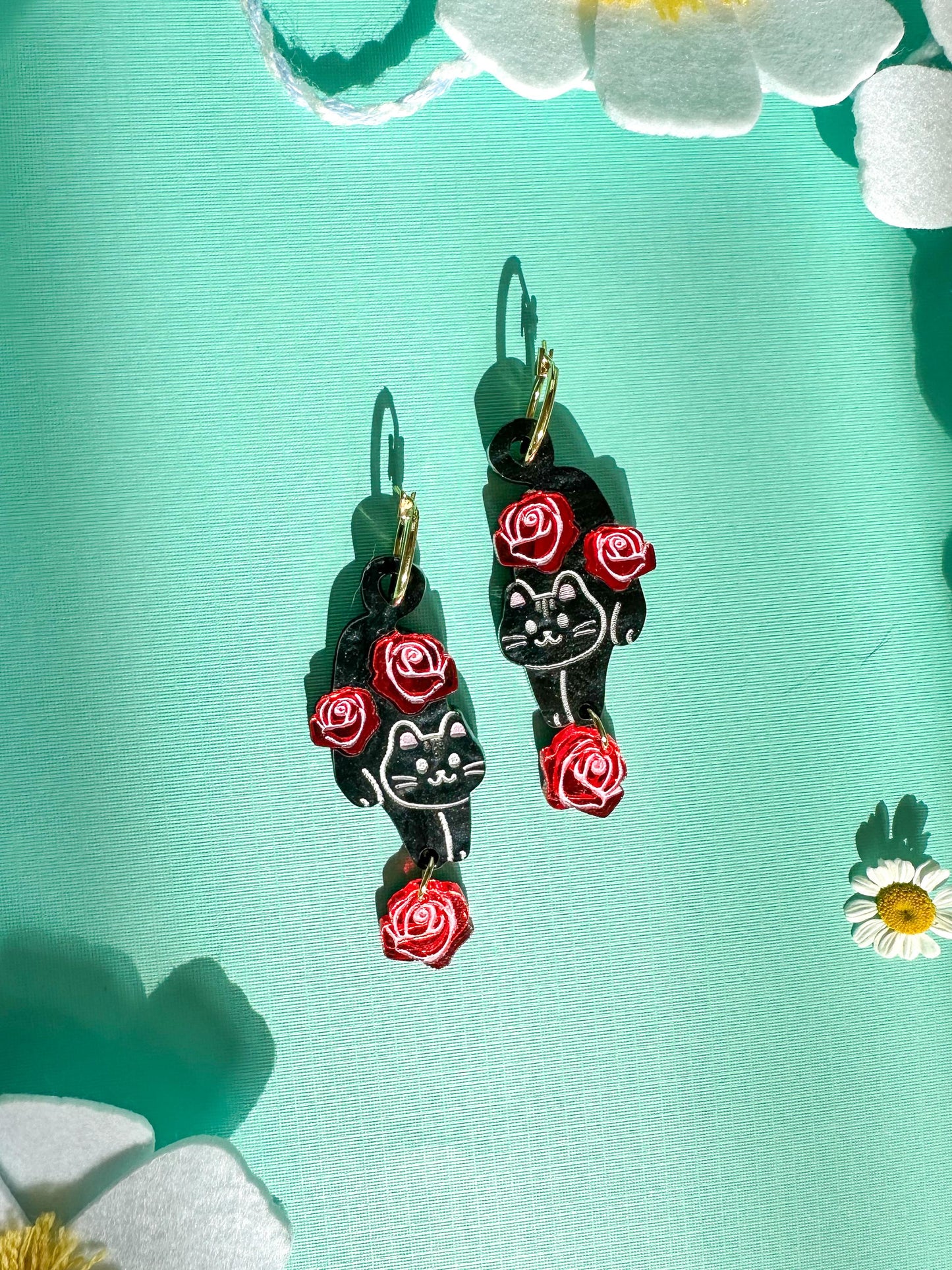 Black Cat with Rose Flower Earrings//Birth Month Flower//Lightweight Jewelry Gift for Cat Lovers//Unique Handmade Accessories//Cat Art