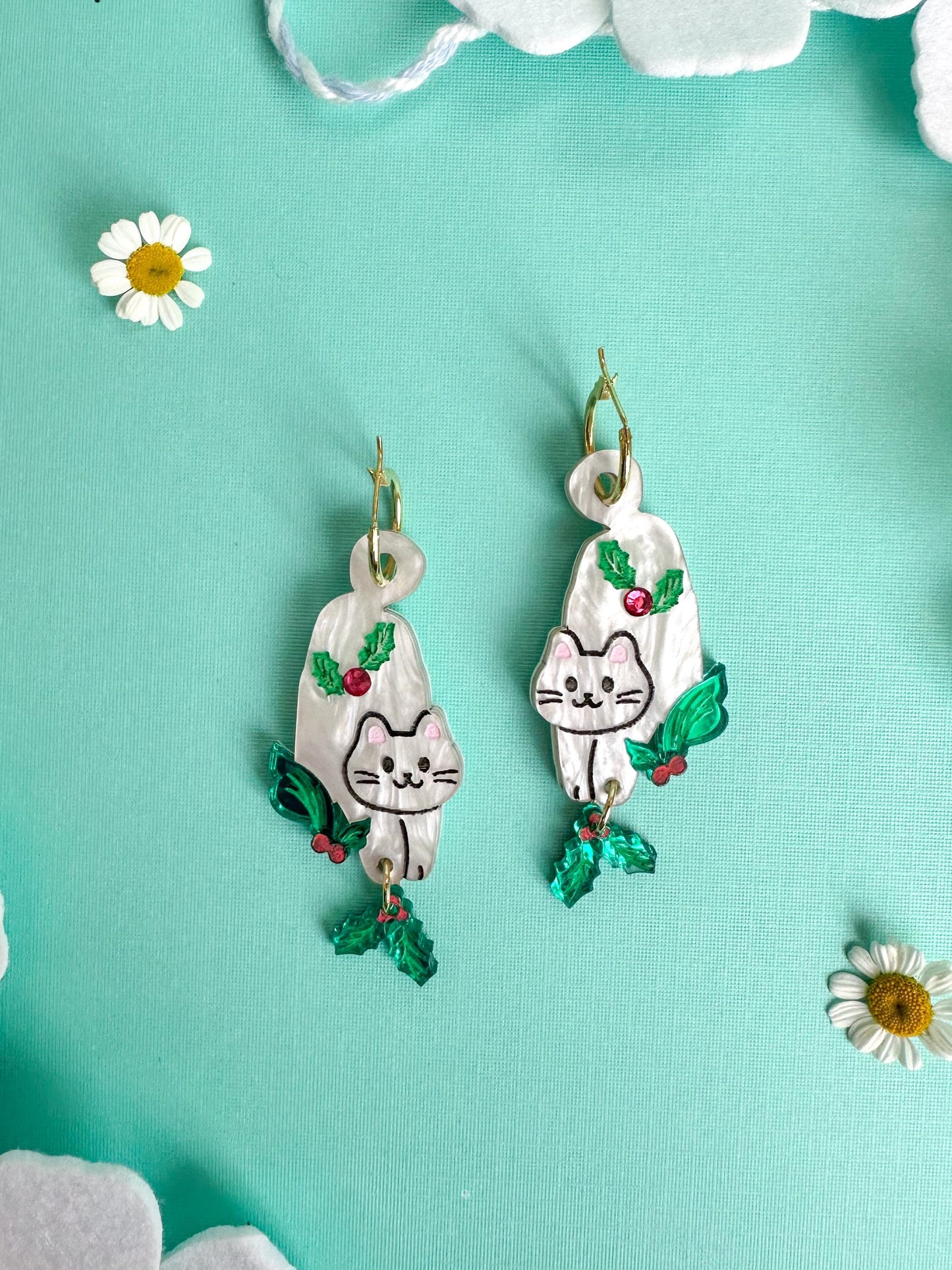 White Cat with Holly Earrings//Birth Month Flower//Lightweight Jewelry Gift for Cat Lovers//Unique Handmade Accessories//Cat Art