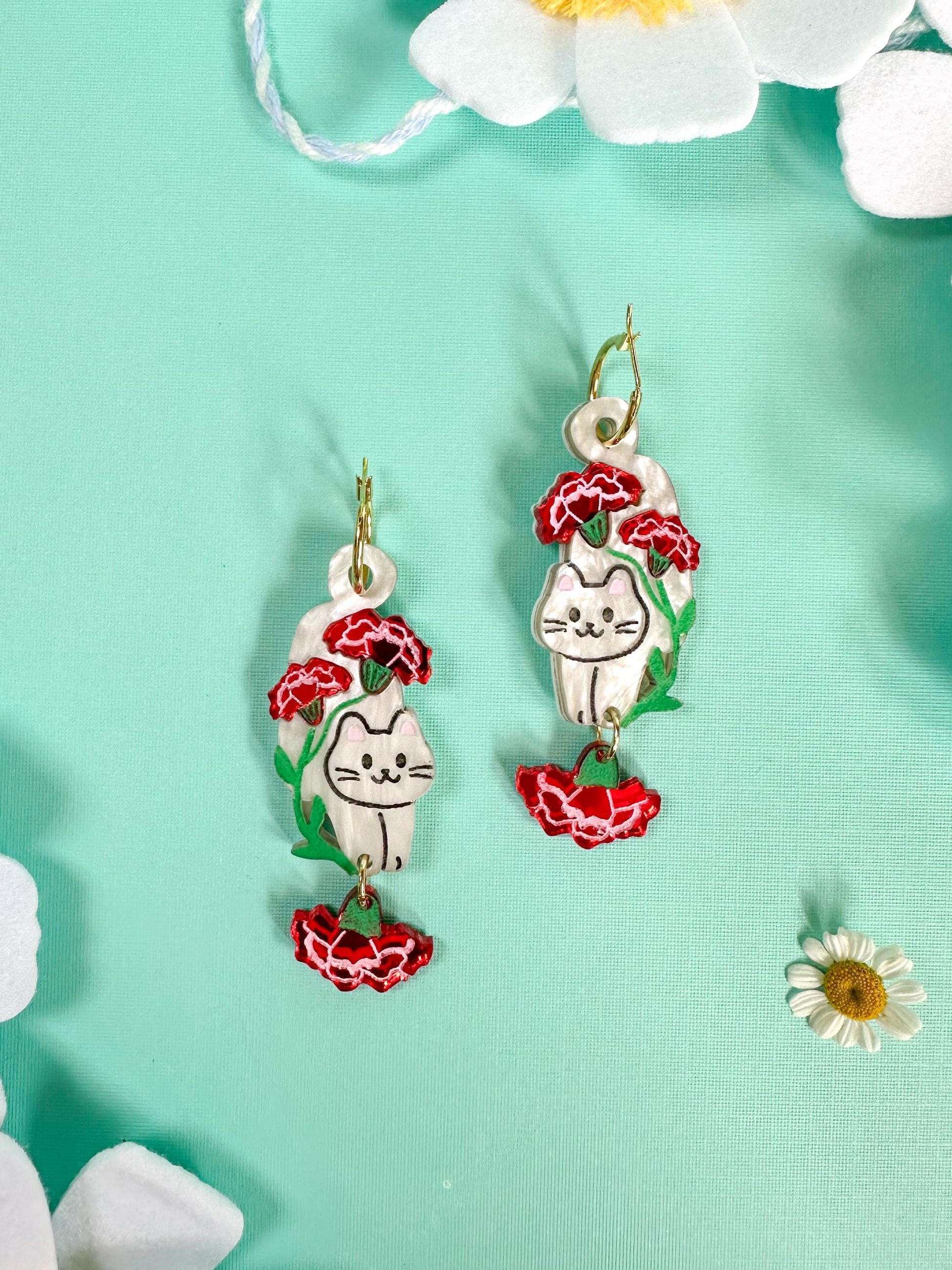 White Cat with Carnation Earrings//Birth Month Flower//Lightweight Jewelry Gift for Cat Lovers//Unique Handmade Accessories//Cat Art