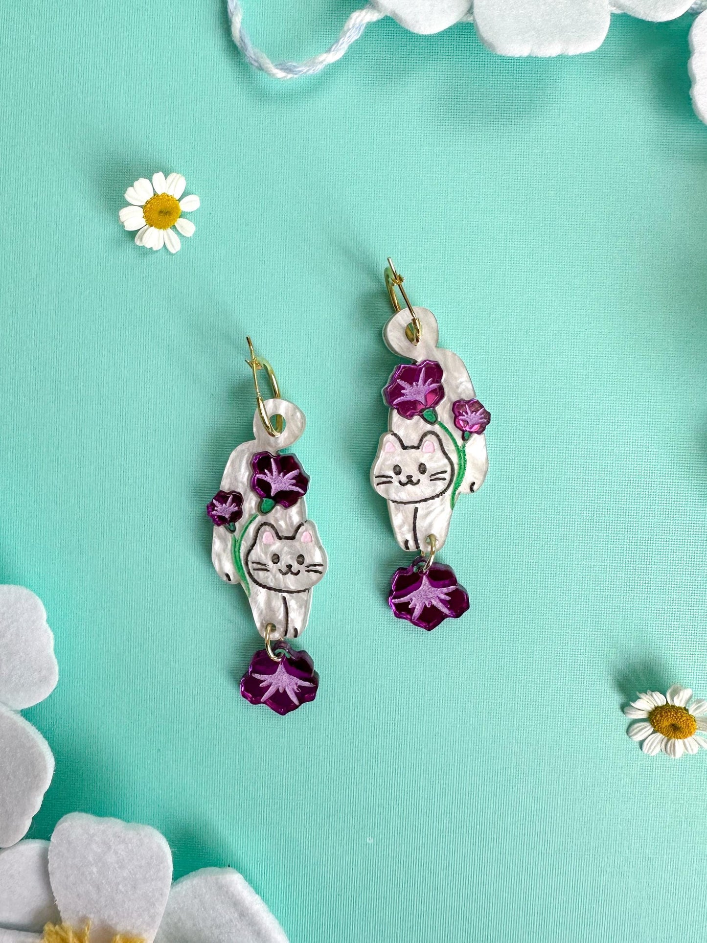 White Cat with Morning Glory Flower Earrings//Birth Month Flower//Lightweight Jewelry Gift for Cat Lovers//Unique Handmade Accessories