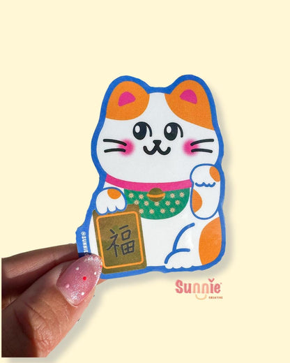 Lucky Cat Mirror Sticker//Digital Art//Cat Inspired Stickers//Maneki-neko//Waterproof Sticker//Cat Designs//Cat Art//Gift for Cat Lovers