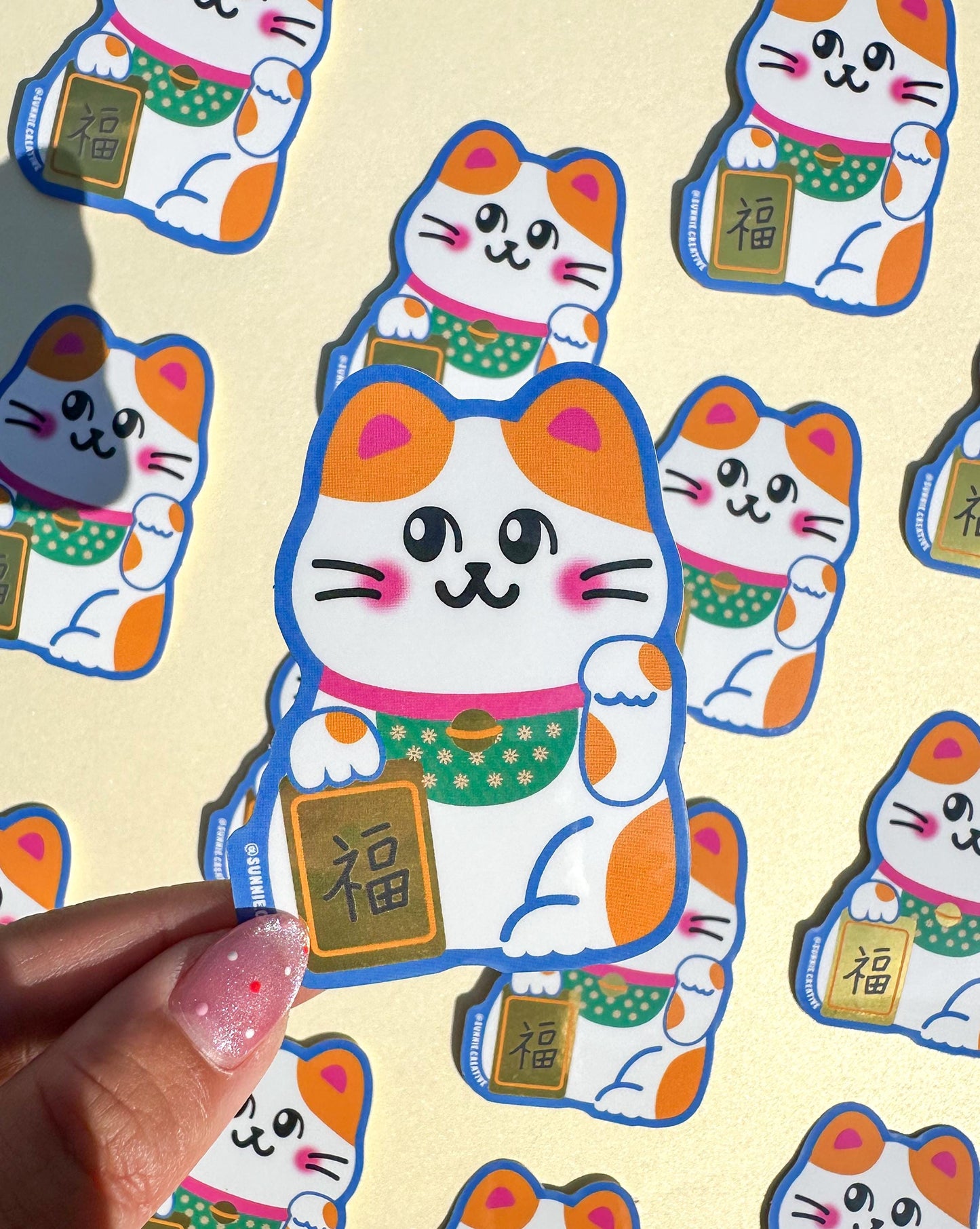 Lucky Cat Mirror Sticker//Digital Art//Cat Inspired Stickers//Maneki-neko//Waterproof Sticker//Cat Designs//Cat Art//Gift for Cat Lovers