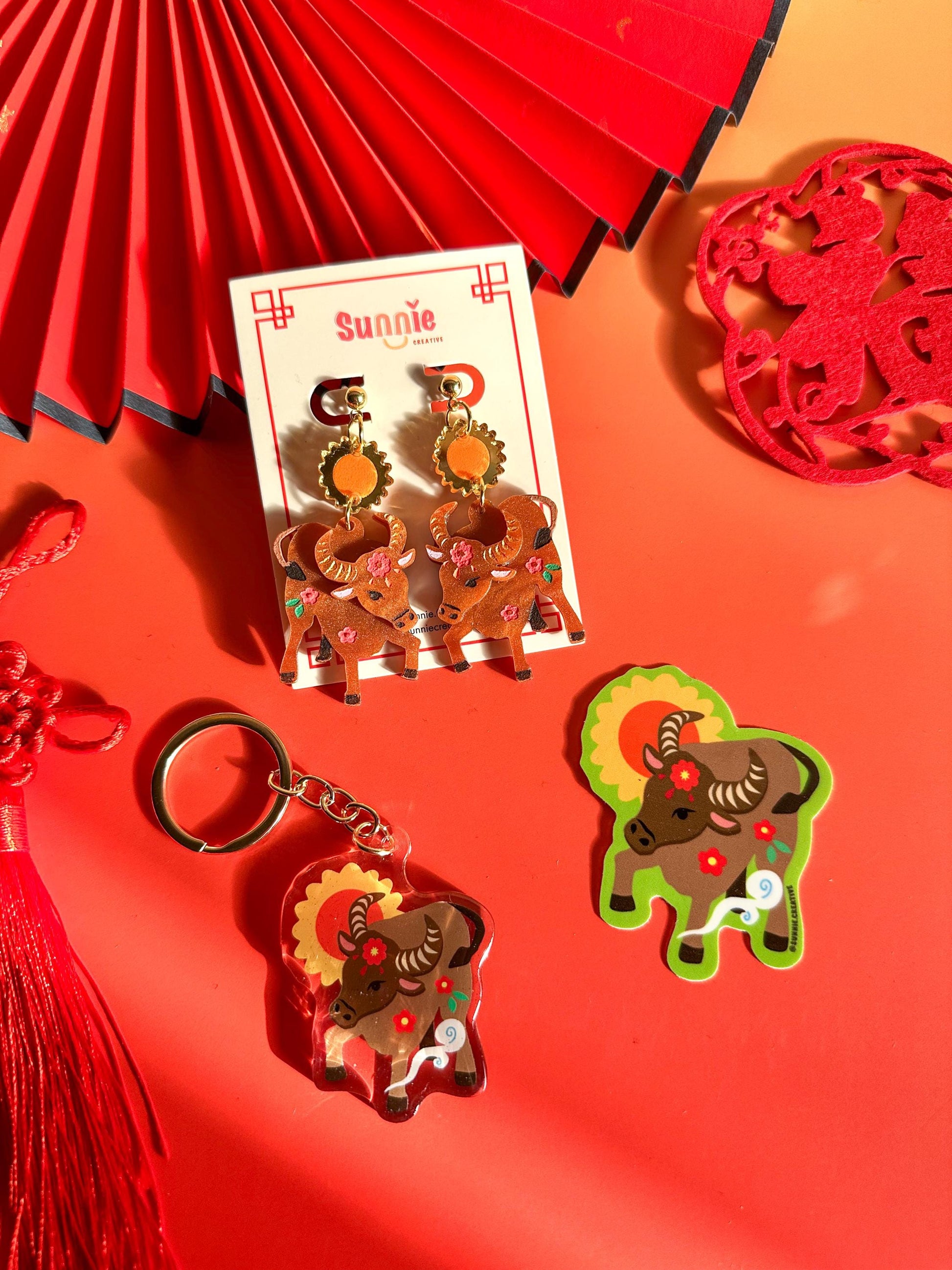 Ox Earrings//Statement Earring//Acrylic Earrings //Lunar New Year Earrings//Chinese New Year Earrings//Animal Earrings//Chinese Zodiac