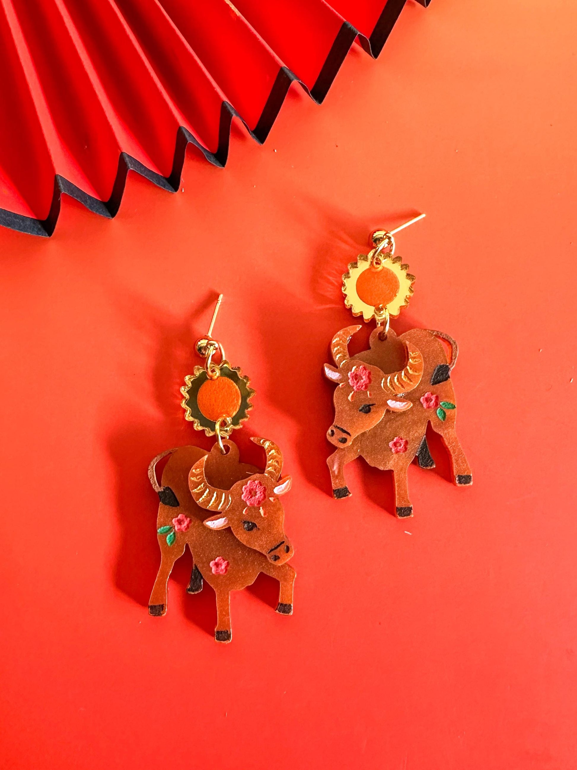 Ox Earrings//Statement Earring//Acrylic Earrings //Lunar New Year Earrings//Chinese New Year Earrings//Animal Earrings//Chinese Zodiac