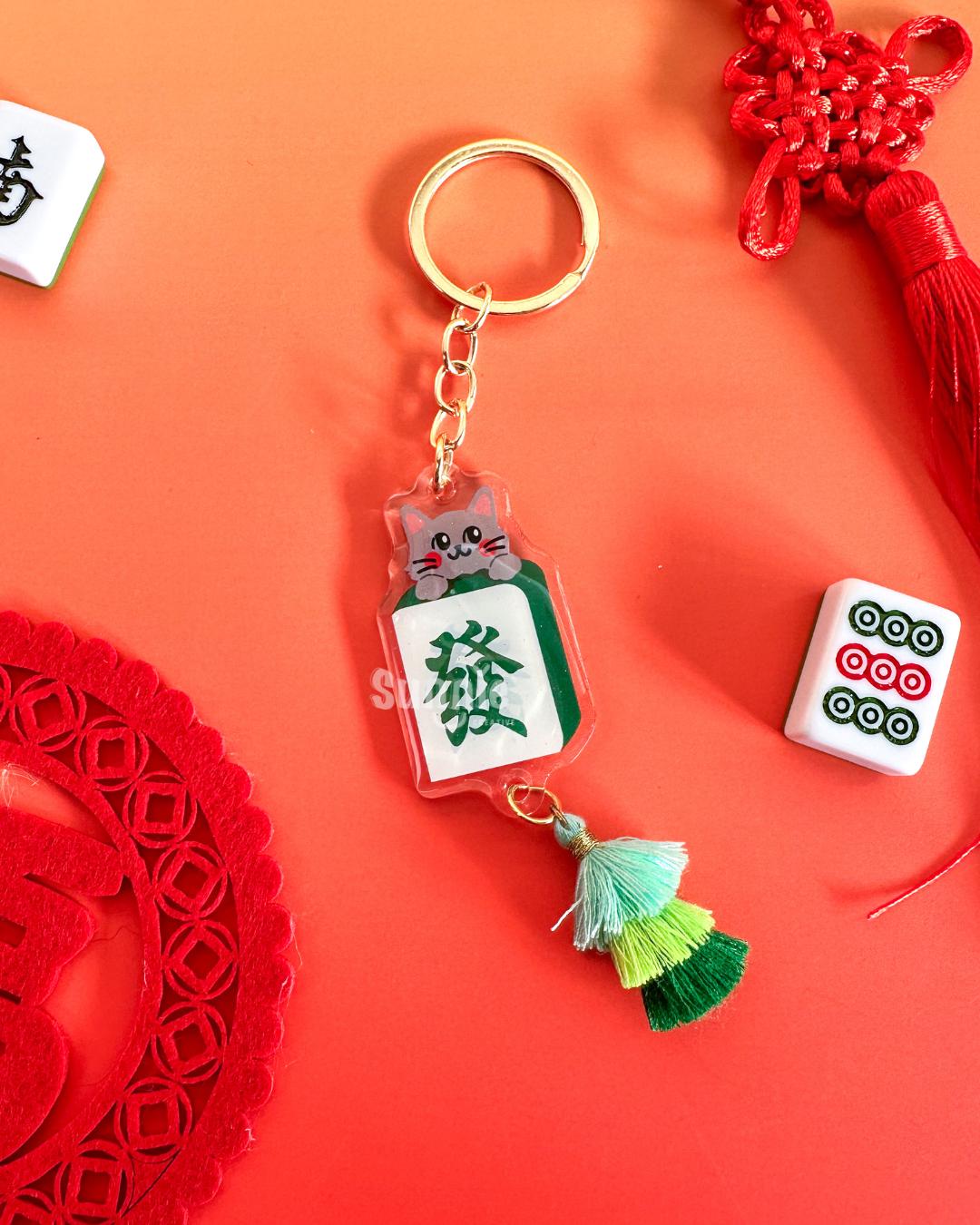 Mahjong Cat Acrylic Keychain//Cartoon Art Style Double-Sided Epoxy Glitter Charm//Cute Cat Lover Gift//Cat Keychain//Green Dragon Tile