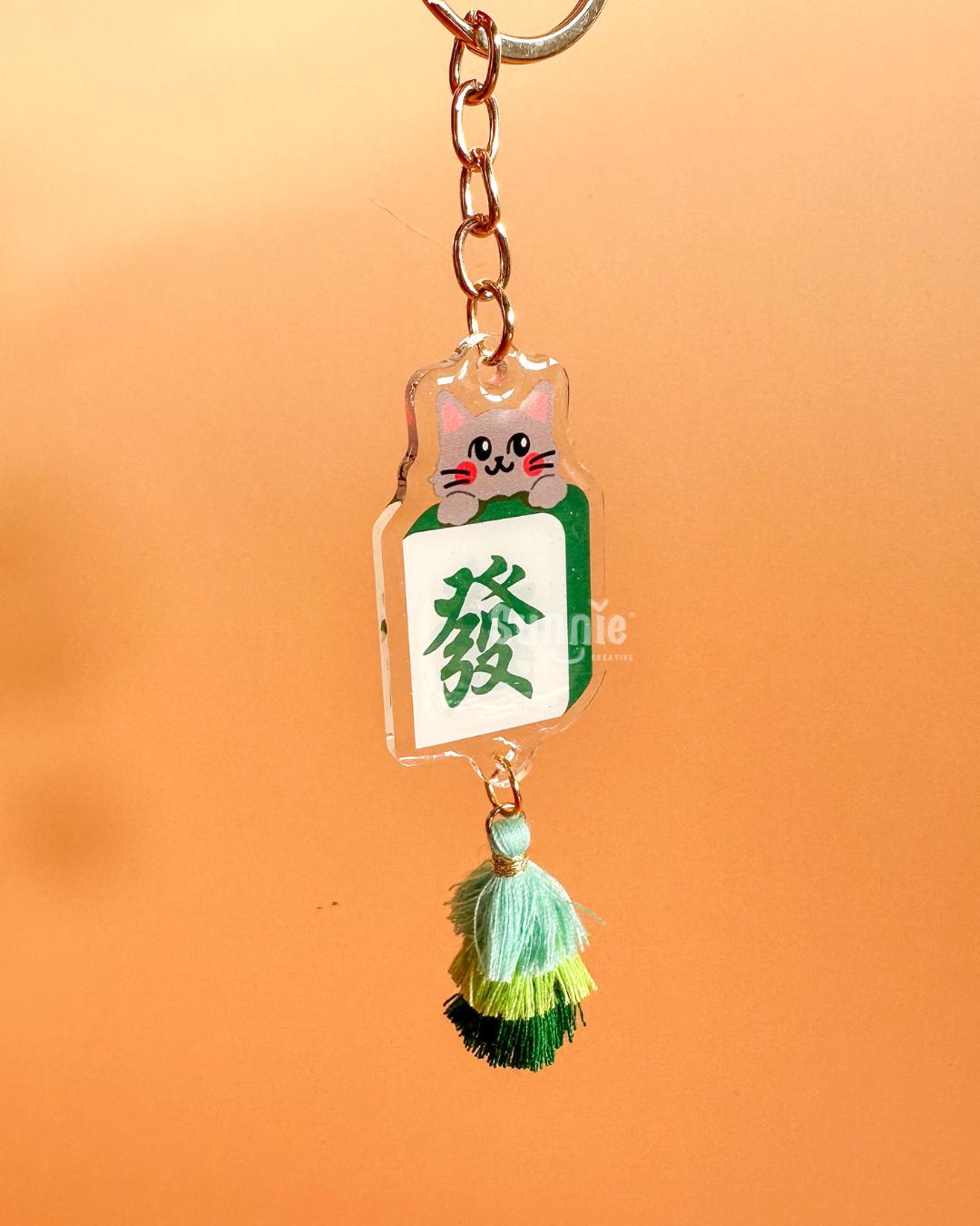 Mahjong Cat Acrylic Keychain//Cartoon Art Style Double-Sided Epoxy Glitter Charm//Cute Cat Lover Gift//Cat Keychain//Green Dragon Tile