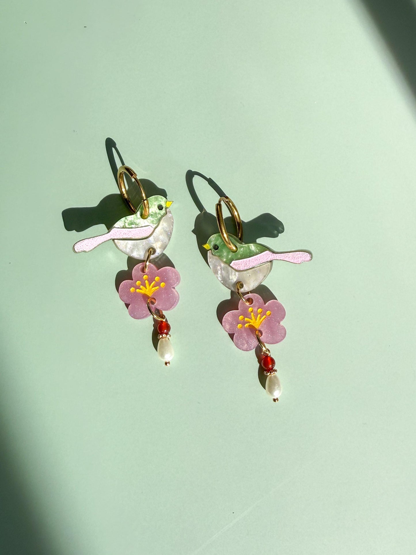 Blossom Songbird Earrings: Acrylic Lunar New Year Statement Jewelry