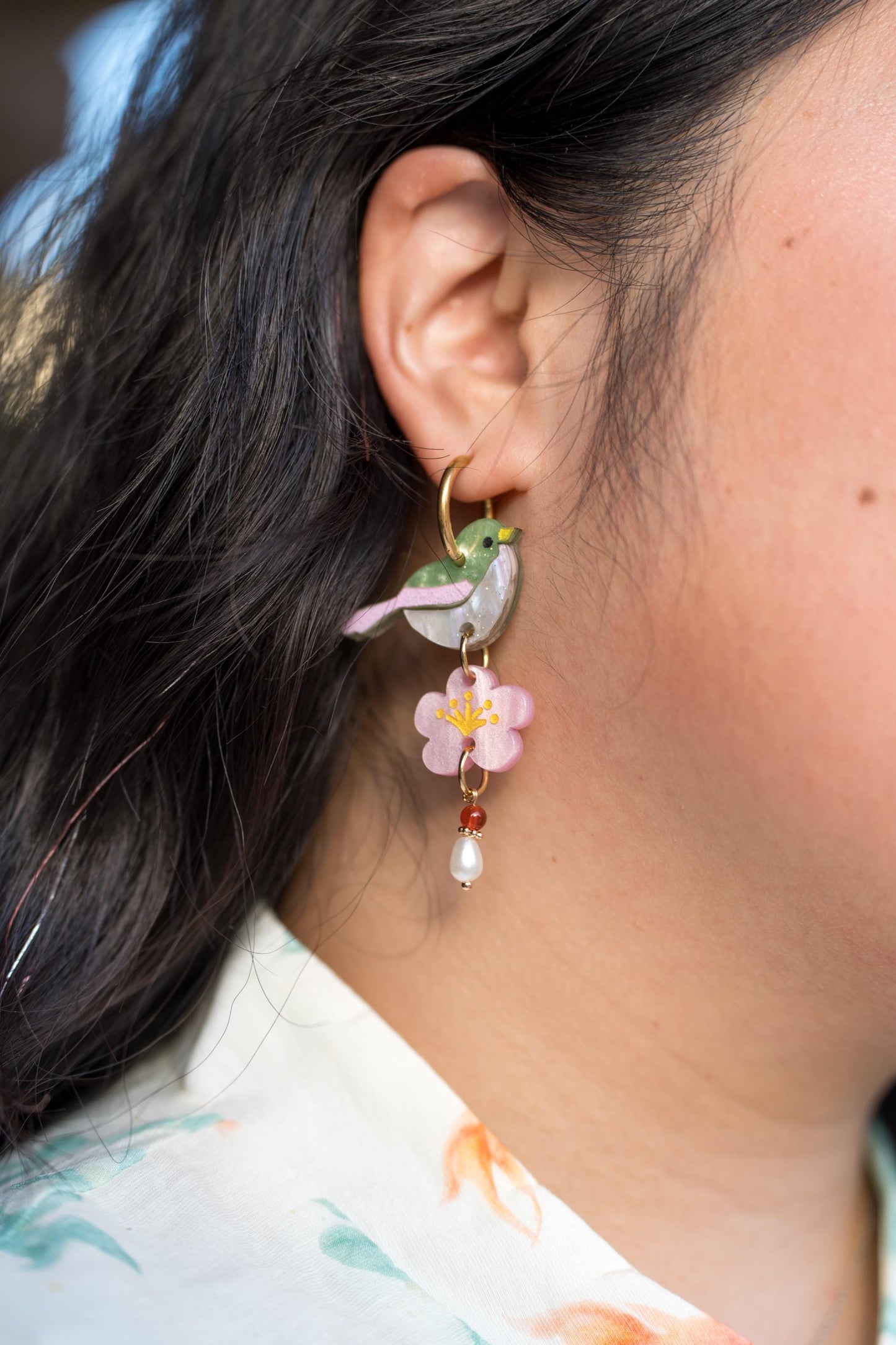 Blossom Songbird Earrings: Acrylic Lunar New Year Statement Jewelry