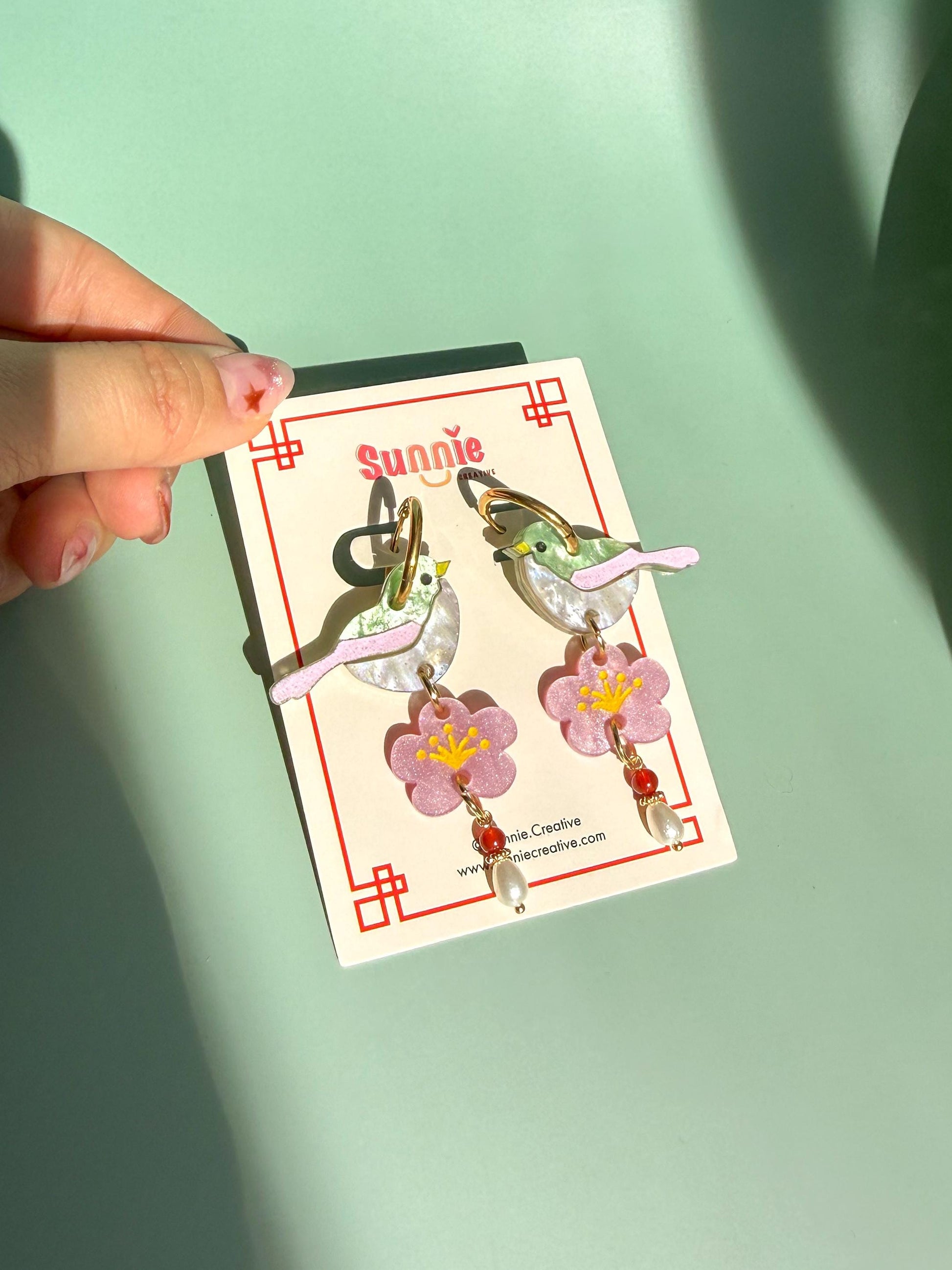 Blossom Songbird Earrings: Acrylic Lunar New Year Statement Jewelry