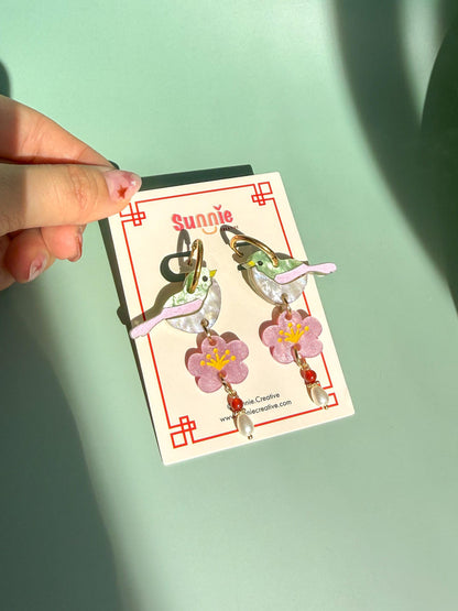 Blossom Songbird Earrings: Acrylic Lunar New Year Statement Jewelry