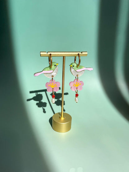 Blossom Songbird Earrings: Acrylic Lunar New Year Statement Jewelry