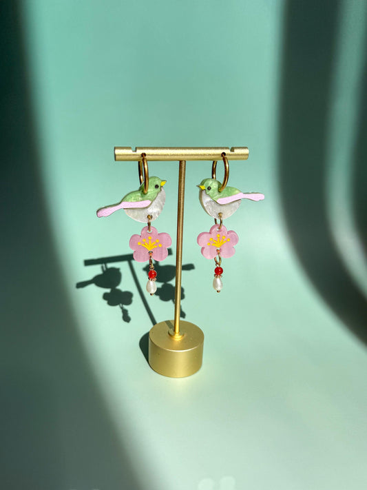 Blossom Songbird Earrings: Acrylic Lunar New Year Statement Jewelry