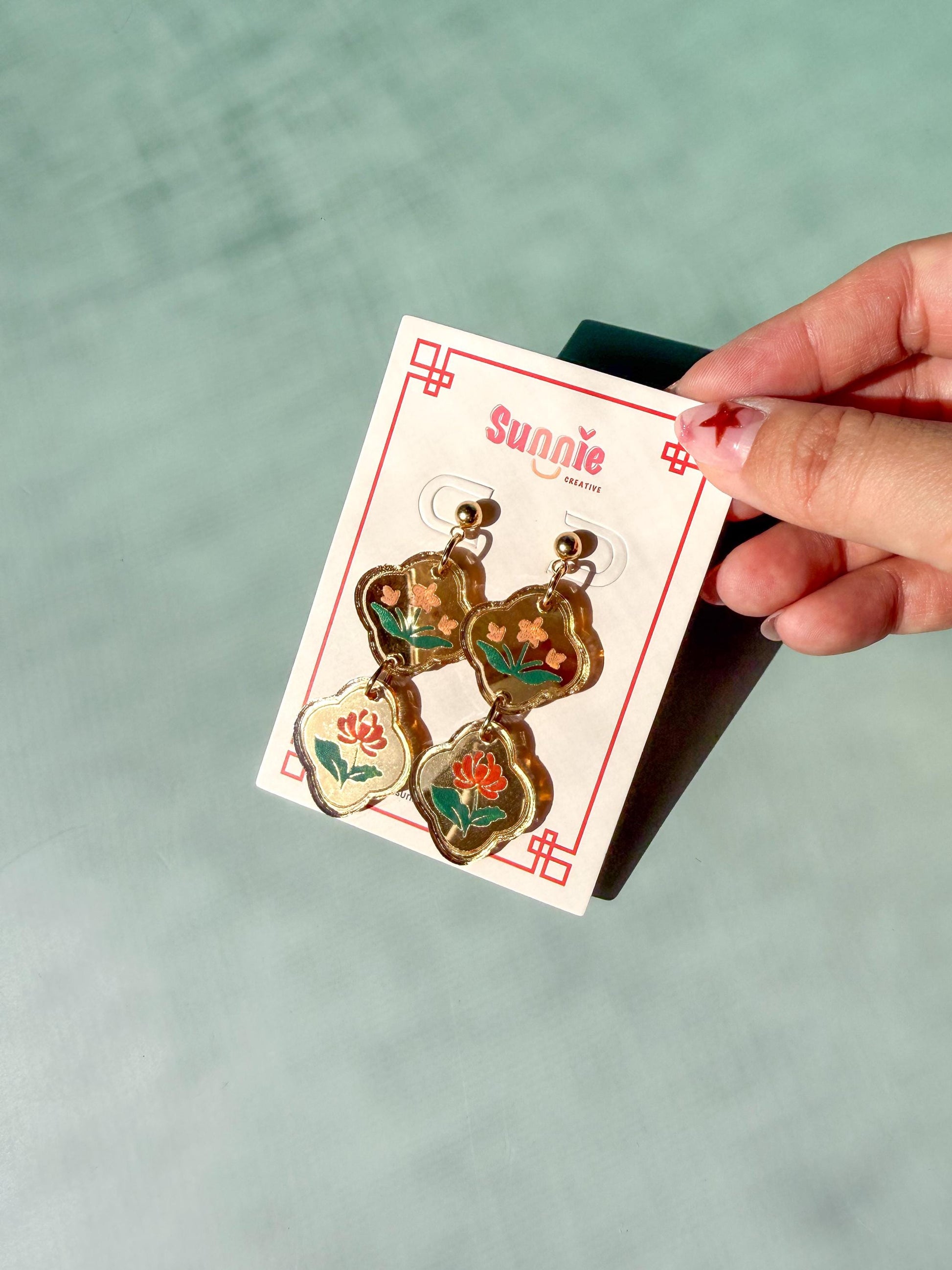 Floral Reflection Earrings: Acrylic Lunar New Year Statement Jewelry