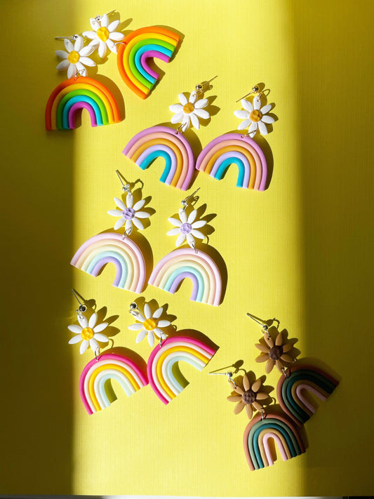 Rainbow Flower Earrings//Handmade Statement Earrings//Rainbow Earrings//Flower Earring//Retro Earring//Polymer Clay Earring