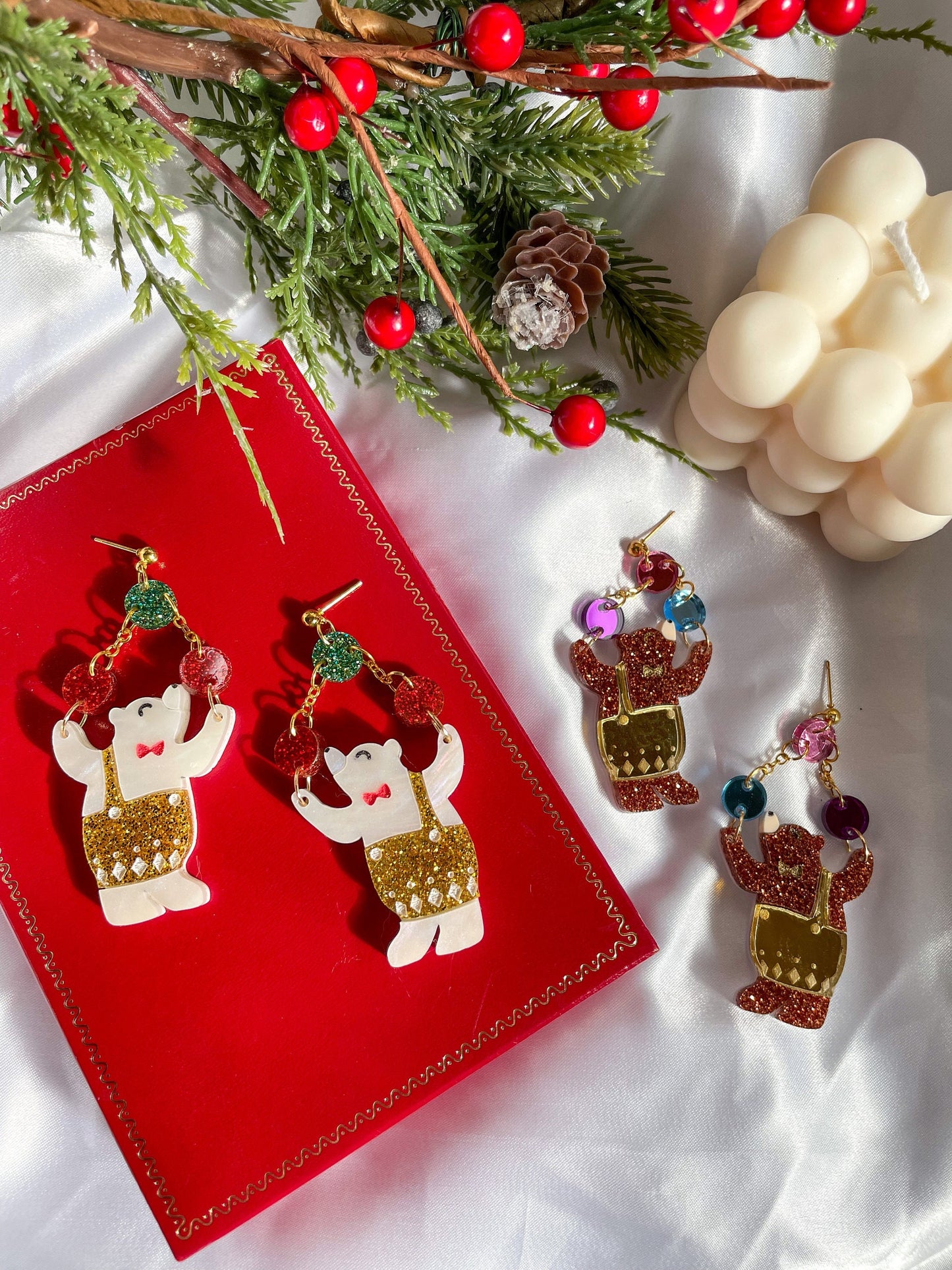 Juggler Bear Dangle//Christmas Earring//Statement Earring//Acrylic Earring//Christmas Gift