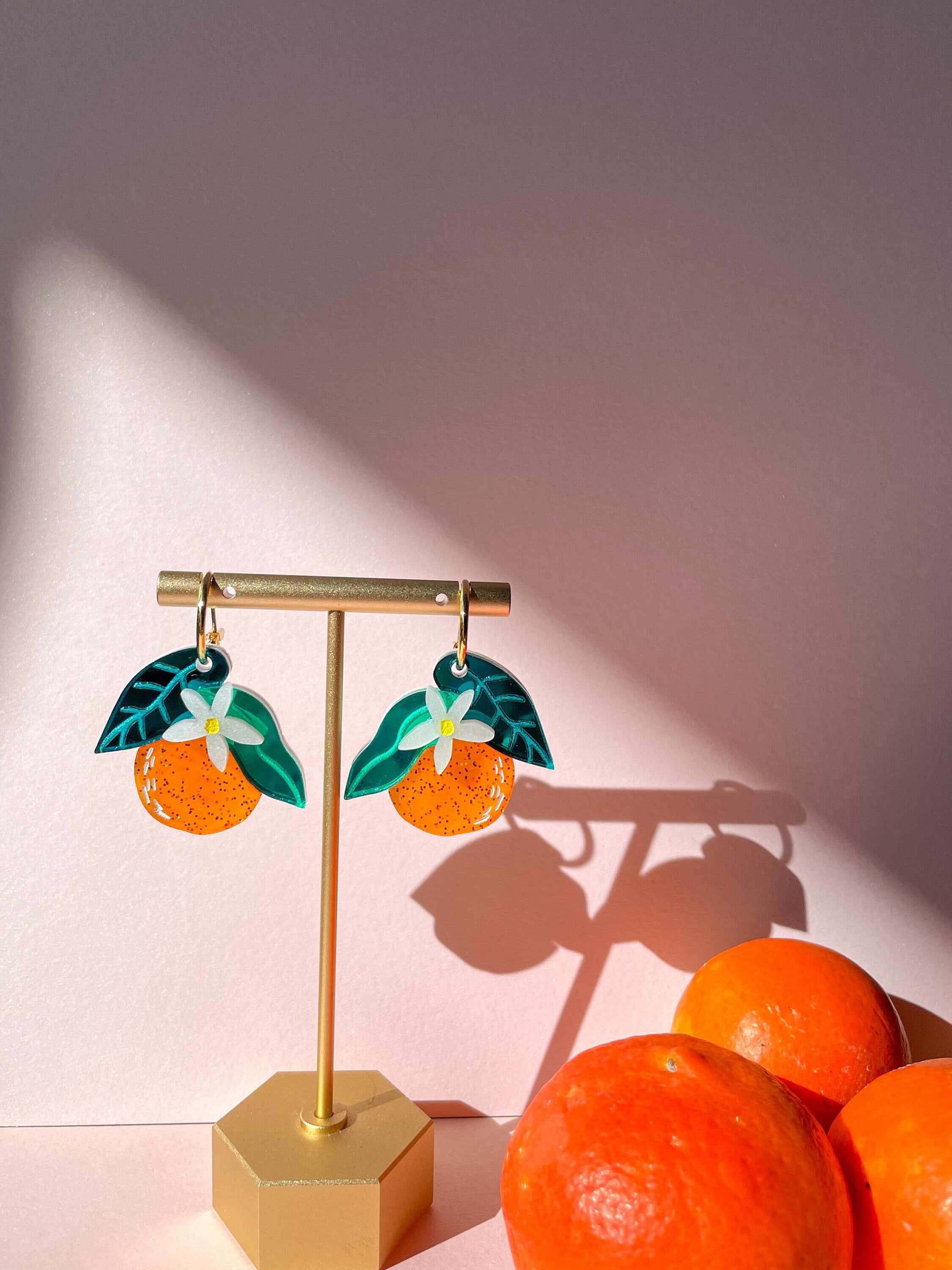 Silver-Toned & Orange Geometric Drop Earrings – Richeera