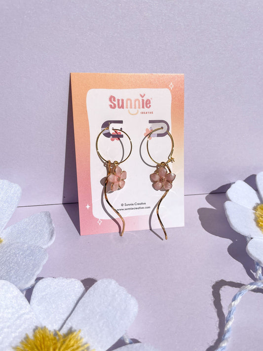 Pink Flower Charm Hoops//Flower Earring//Statement Earring//Spring Earring// Dainty Earrings