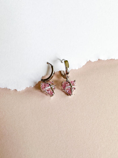 Sparkly Pink Heart Hoops//Statement Earring//Dangle Heart Earrings//Y2K Heart Earring//Silver Heart Huggies//Twice//Kpop Earrings