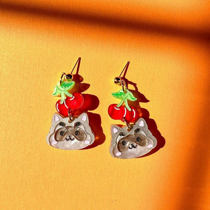 Cherry Raccoon Earrings//Cute Animal earrings//raccoon jewelry//Seventeen-Inspired Kawaii Animal Earrings//K-Pop animal style jewelry
